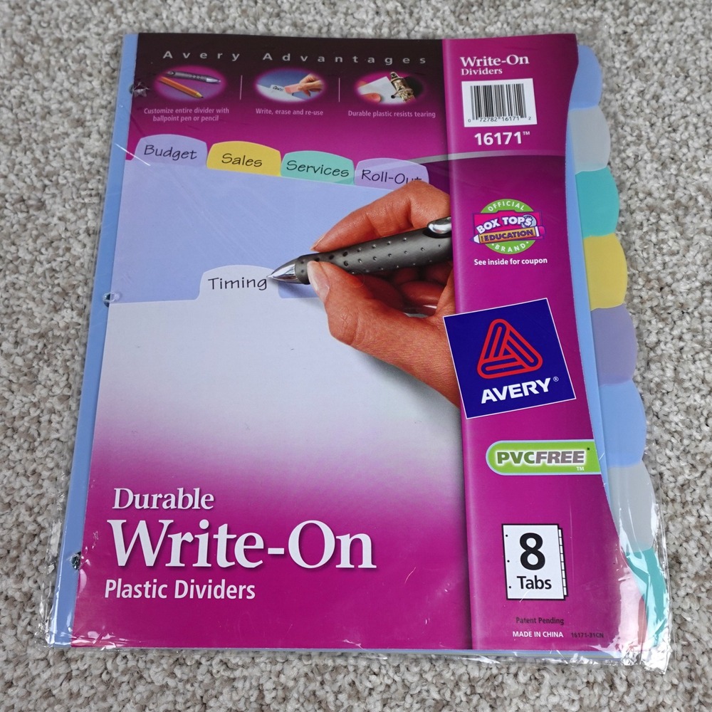 Avery 16171 Durable Write-On Plastic Dividers 8-Tab Set Multicolor PVC-Free